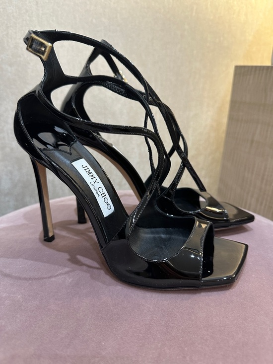 Jimmy Choo Shoes - Jimmy Choo Black Patent Strappy Stiletto Sandals - Azia - 38.5